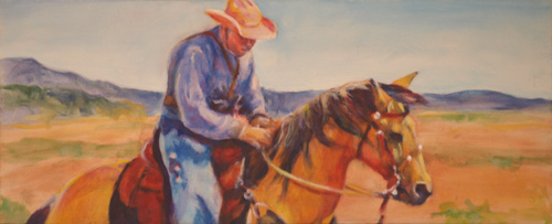 Buckskin and Cowboy - Mounted Shooting - painting by Karen Brenner